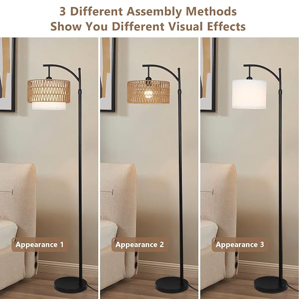 ARC FLOOR LAMP FOR LIVING ROOM WITH 3 COLOR TEMPERATURES, FARMHOUSE FLOOR LAMPS WITH REMOTE & DIMMABLE BULB, BOHO STANDING LAMP WITH RATTAN & FABRIC SHADES, ADJUSTABLE TALL LAMP FOR BEDROOM, OFFICE