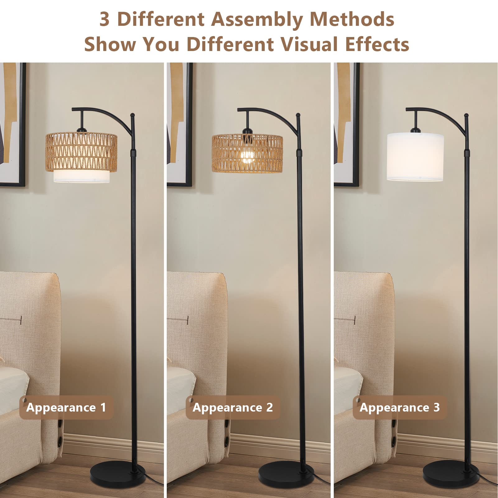 Arc Floor Lamp for Living Room with 3 Color Temperatures, Farmhouse Floor Lamps with Remote & Dimmable Bulb, Boho Standing Lamp with Rattan & Fabric Shades, Adjustable Tall Lamp for Bedroom, Office