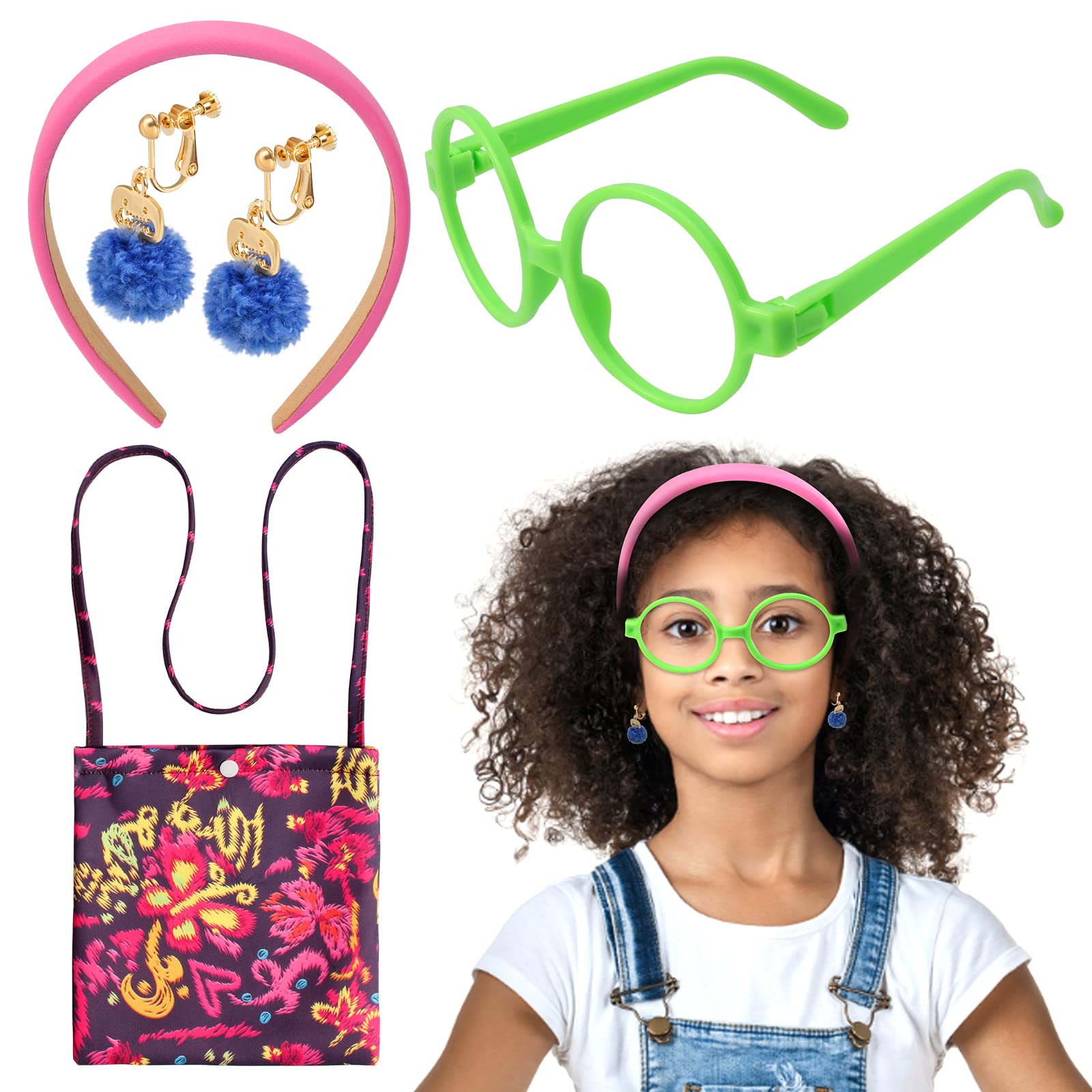 Photo 1 of Keymall for Mirabel Cosplay Costume Accessories Set Including Soft Foam Headbands Glasses Frame Pompom Clips On Earrings Bag for Kids Little Girls Multicolored