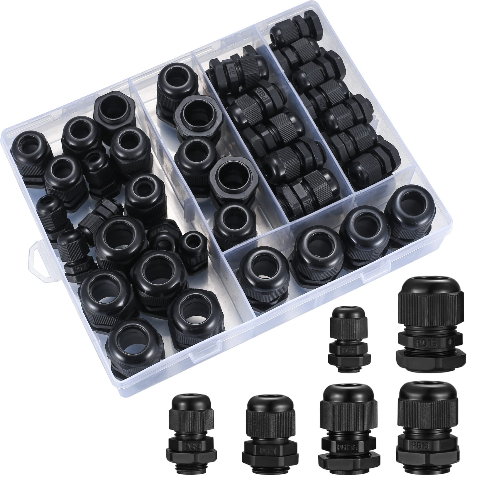 50 Pcs Adjustable Cable Glands, IP68 Waterproof Adjustable 3-15mm Cable Connectors, Plastic Nylon Cable Connectors Gland Joints Locknut Stuffing GlandsPG7/9/11/13.5/16/19(Black)