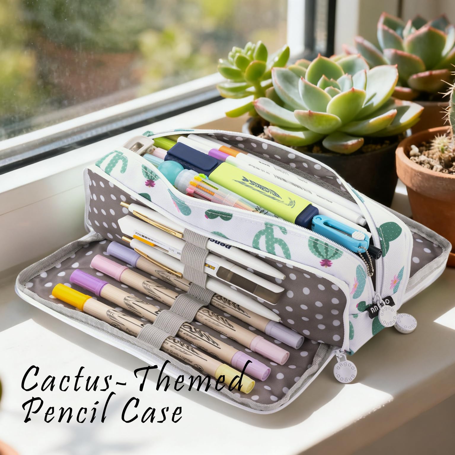 ANGOOBABY Large Pencil Case Big Capacity 3 Compartments Canvas Pencil Pouch for Teen Boys Girls School Students (Green Cactus)