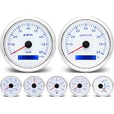 ARTILAURA 7 Gauge Set 3-3/8" 85mm GPS Speedometer, Tachometer, 2-1/16" Fuel Level, Water Temperature, Oil Pressure, Volt, Trim 7 Color Marine Boat Gauges Kit (White)