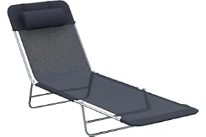 Outsunny Folding Chaise Lounge Pool Chairs, Outdoor Sun Tanning Chairs with Pillow, Reclining Back, Steel Frame & Breathable Mesh for Beach, Yard, Patio, Black