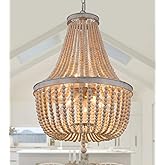 Q&S Farmhouse Wood Beaded Chandelier,Oak White 8-Lights Retro Vintage Antique Rustic Boho Pendant Light Fixture for Foyer Liv