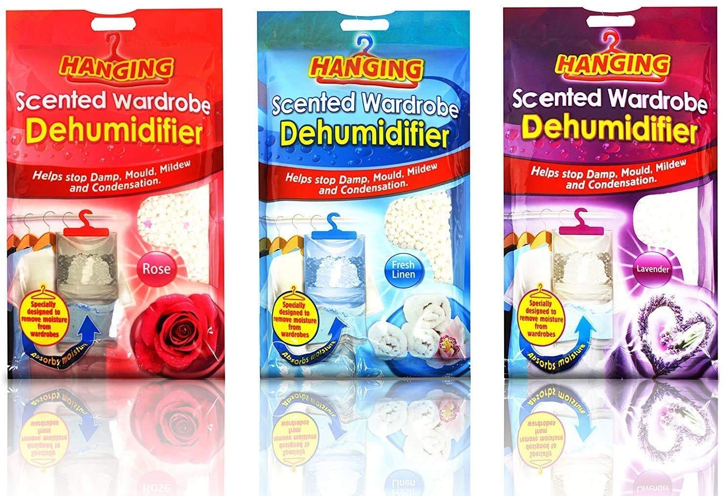 Hanging Scented Wardrobe Dehumidifier For Damp Mould Condensation Control - Rose, Lavender, Fresh Linen - Set of 3