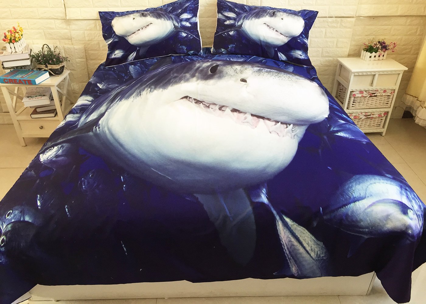 Erosebridal 3D Shark Bedding Set Twin Ocean Sea Themed Pattern Printed on Blue Comforter Cover,3 Piece Hawaiian Beach Theme Duvet Cover Underwater Children Bedspread Cover for Kid Boy Girls Teen