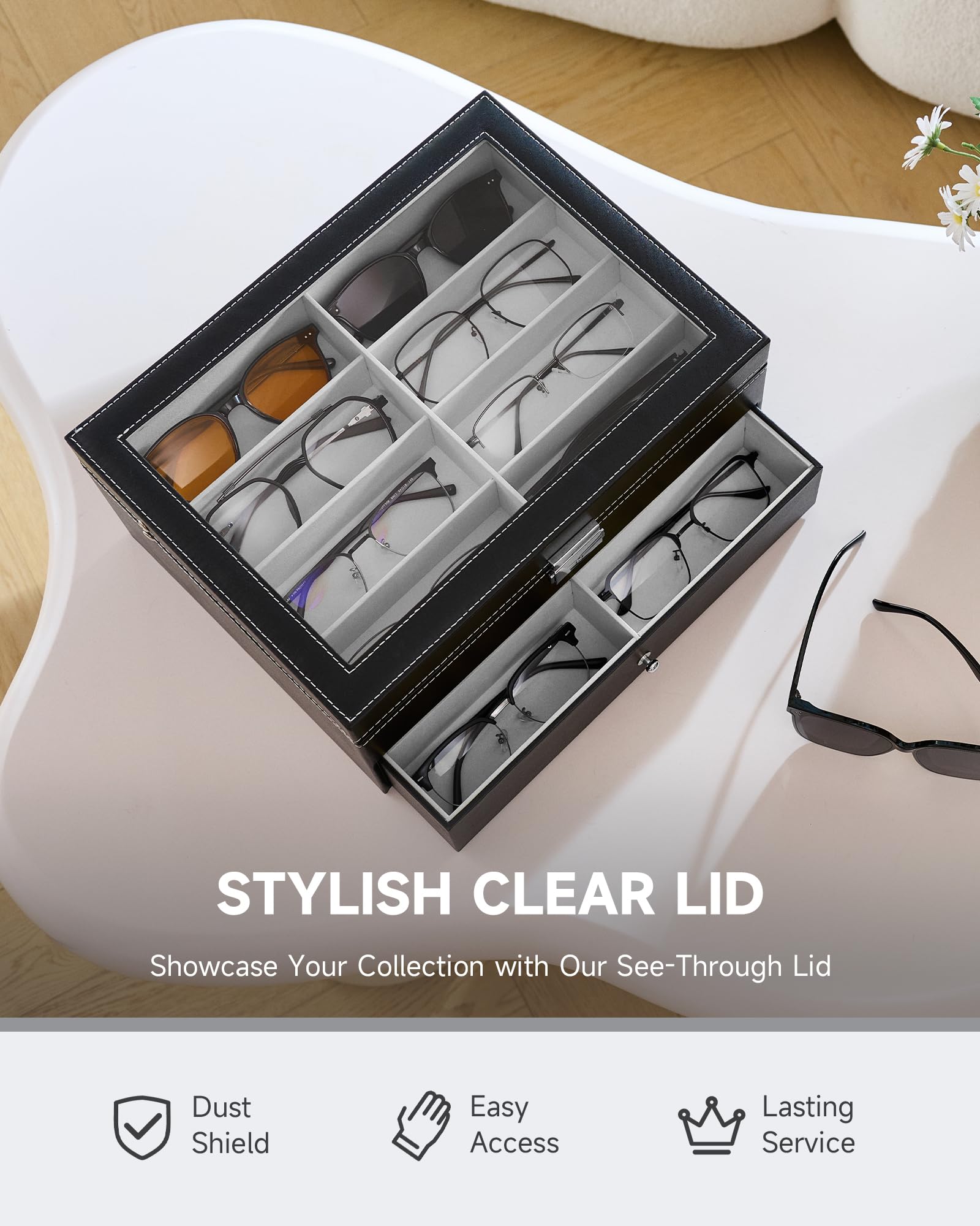 CO-Z 16 Compartment Sunglasses Organizer, Leather Eyeglasses Storage Box for Women Men, Lockable Eyewear Display Case with Drawer, Glasses Holder with 16 Slots for Watches Jewelry Collection, Black