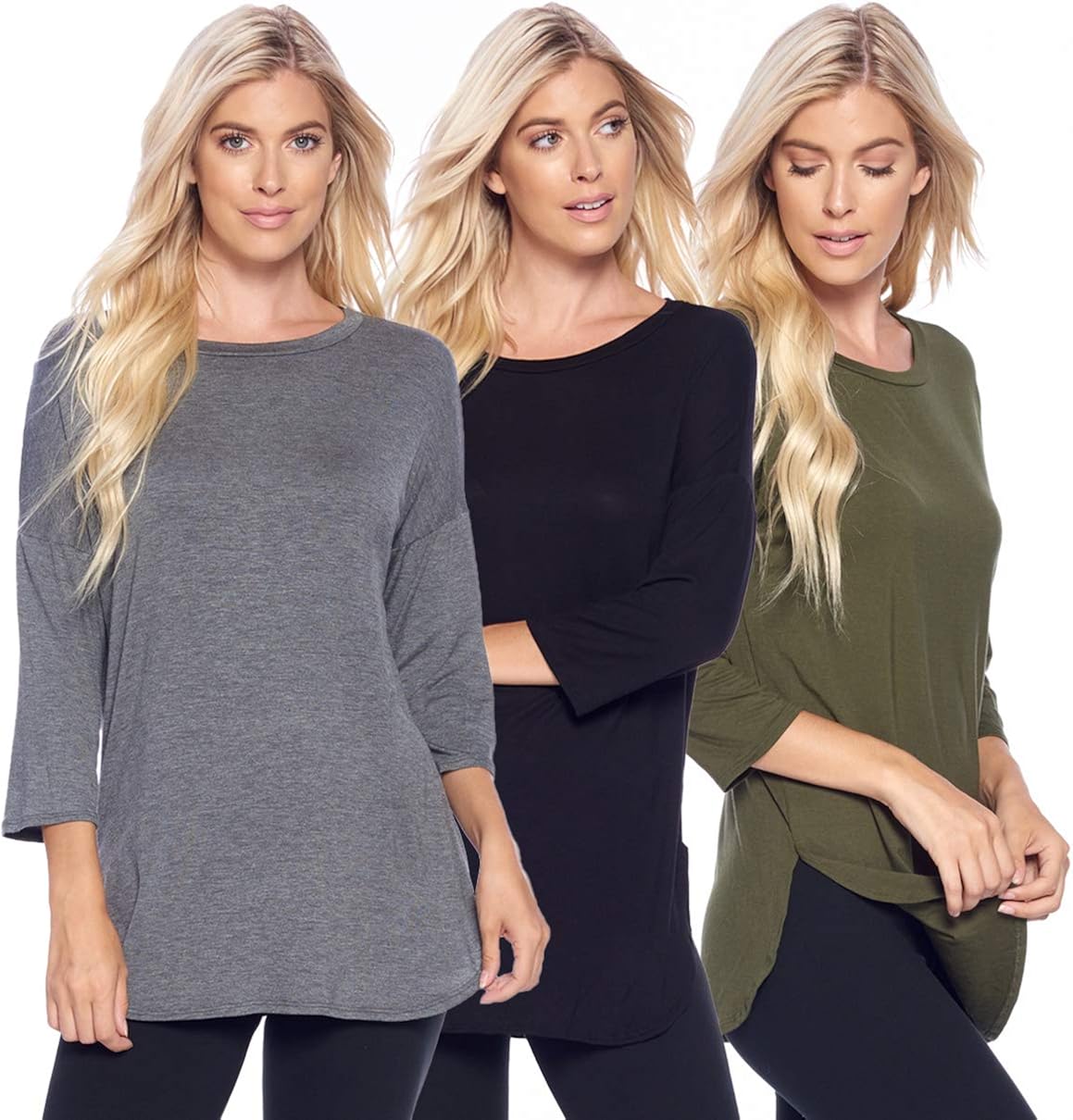 Isaac Liev Women's Tunic Top – 3 Pack Casual 3/4 Quarter Sleeve A-Line Loose Fit Flowy Swing Blouse T Shirts Made in USA at  Women’s Clothing store