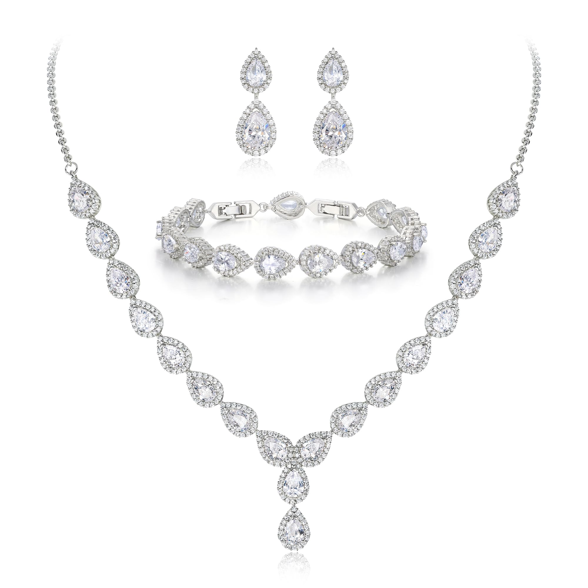 Clearine Women's Wedding Bridal Teardrop CZ Infinity Figure 8 Y-Necklace Tennis Bracelet Dangle Earrings Set Clear Silver-Tone