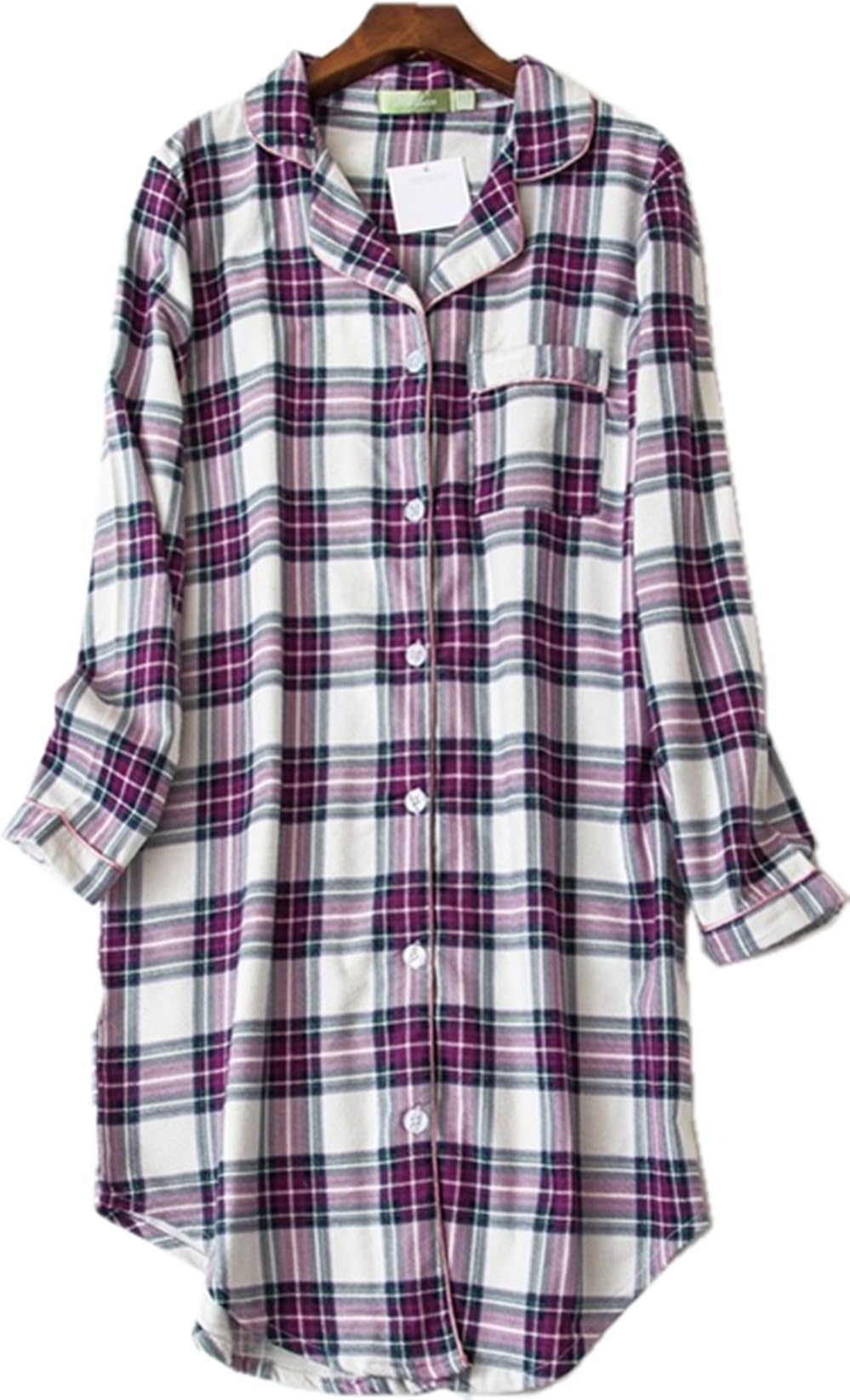 H-DSTORY Women's Flannel Nightshirt Button Down Boyfriend Nightgown Mid-Long Style Sleepshirt