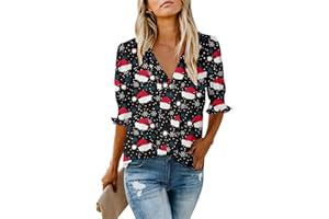 ROSHOP Christmas Blouses Women's Dressy Tops Smocked Sleeve Deep V Neck Snowflakes Costume Blouse