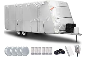 FRUNO Oxford Fabric Travel Trailer Cover RV Cover 16'-18' Waterproof Rip-Resistant Anti-UV Camper Cover for Winter Snow with Jack Cover 4 Tire Covers and Gutter Covers