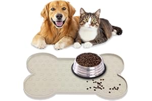 AVYDIIF Waterproof Pet Feeding Mat, Dog Cat Food Mats Anti-Slip Silicone Dog Bowl Mat, Raised Edge to Contain Spills Protects Floors, Placemats for Pet Water Bowl, Dishwasher Safe (Dark Beige, M: 19.5" X 10")
