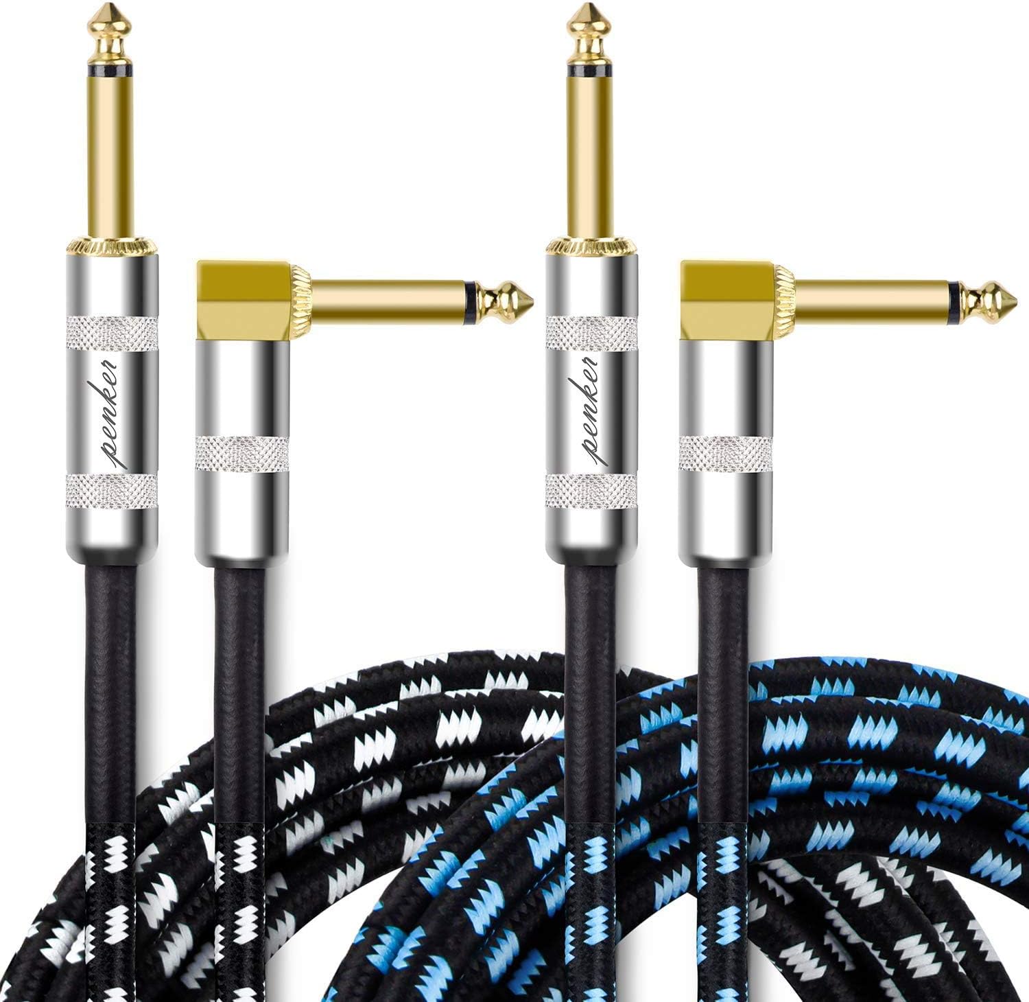 Penker 10 Foot Instrument Cable, 1/4 Inch Right Angle to Straight Gold Plated, Good for Electric Guitar/Bass/Keyboard with Black Blue