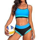 Charmo Women High Waisted Bikini Sets Sporty Color Block Two Piece Swimsuit Scoop Neck Bathing Suits Swimwear