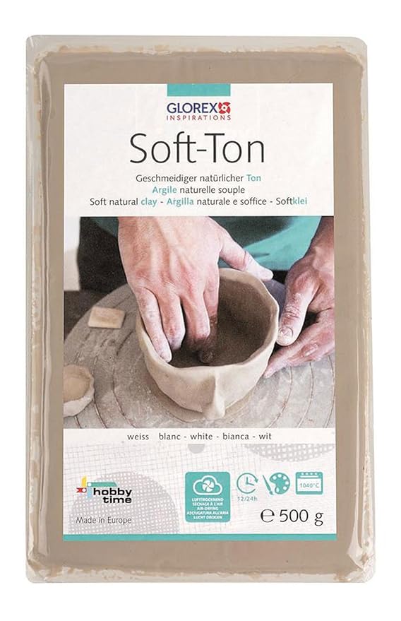 Glorex 6 8075 101 Soft Ton Modelliermasse, weiß, 500 g, lufthärtend oder brennbar