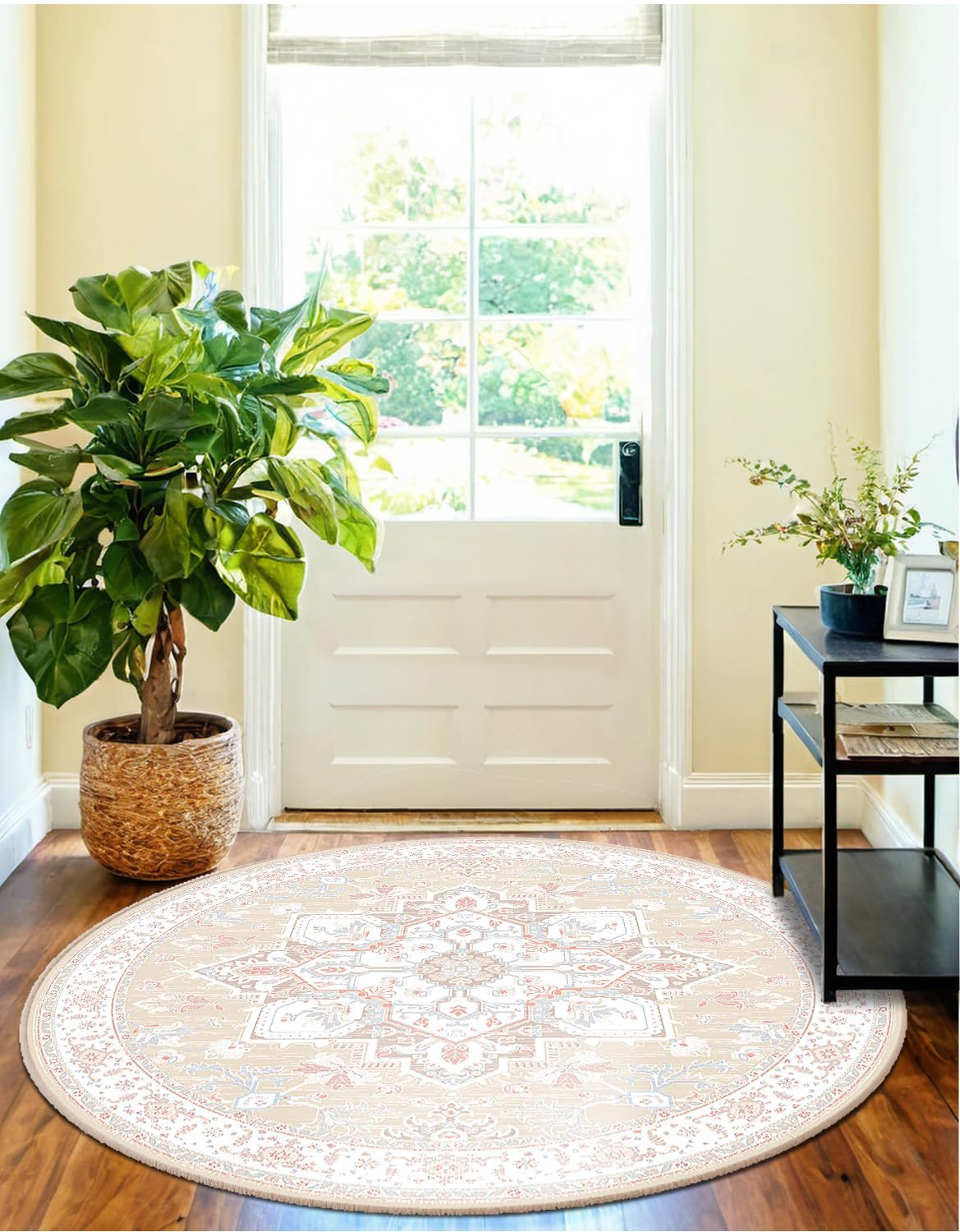 Photo 1 of BESTSWEETIE 4ft Area Rugs for Living Room Washable Non Slip Carpet Low Pile Soft Vintage Print Pattern Rug for Bedroom Dining Room Kitchen Entryway Indoor-Cream/Light Yellow/Brown/Blue/Red/Pink