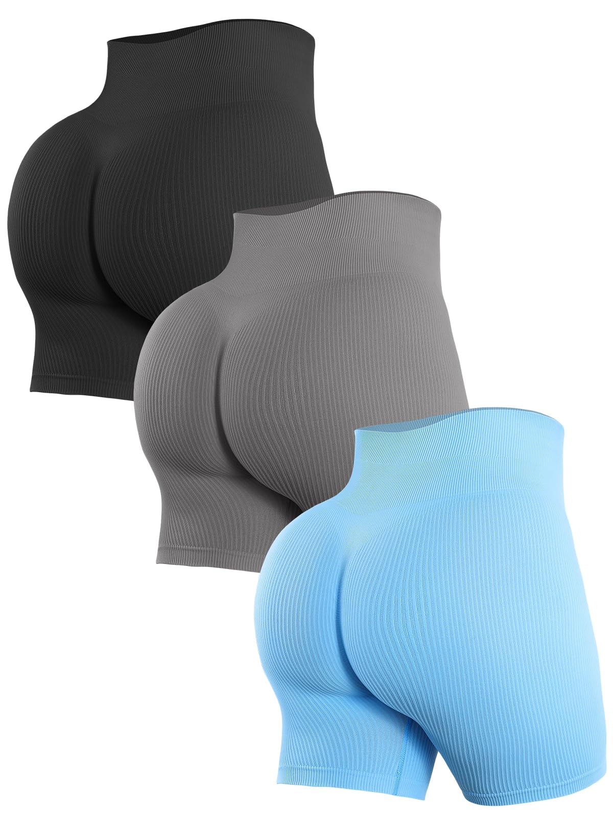 Photo 1 of 3 Piece Womens Workout Shorts Spandex High Waist Butt Lifting Shorts Biker Gym Booty Short(SP0161XL-BK/GY/SK)