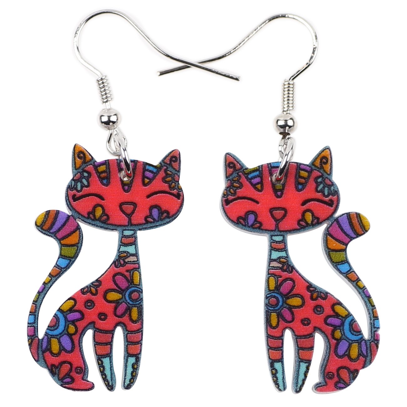 Bonsny Acrylic Long Drop Dangle Cat Earrings "CAYLEIGH Statement Pop-Art Kitten Gift Girl Women (Red)