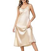 Lovasy Sexy Nightgown for Women Satin Long Lingerie Sleepwear Lace V Neck Slip Dress S-XXL