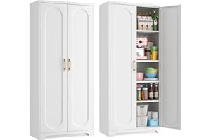 Kubohogar 71" White Pantry Cabinet with Doors, Tall Metal Kitchen Pantry Storage Cabinet with 4 Adjustable Shelves and Gold Handles, Cupboard for Laundry, Dining Room, Living Room, Bathroom
