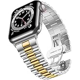 baozai Compatible with Apple Watch Band Ultra 3 Ultra 2 Ultra 46mm 45mm 44mm, iWatch Series 11-1 SE3 Stainless Steel Strap with Butterfly Folding Clasp for Men, 3Rows-Silver/Gold