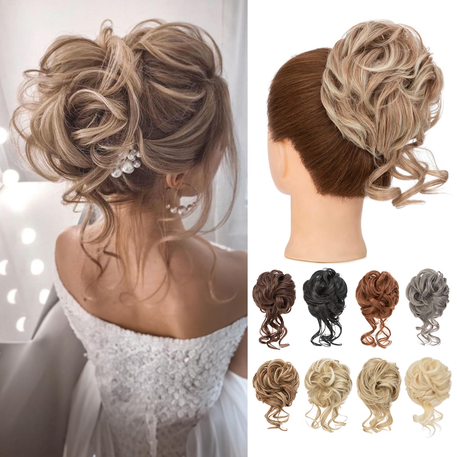 Benehair Messy Bun Hair Piece Wavy Curly Claw Clip Hair Bun Extensions Synthetic Hair Bun Donut Accessories Scrunchies Hair Pieces for Women(Natural Brown mix Blonde, 75g)