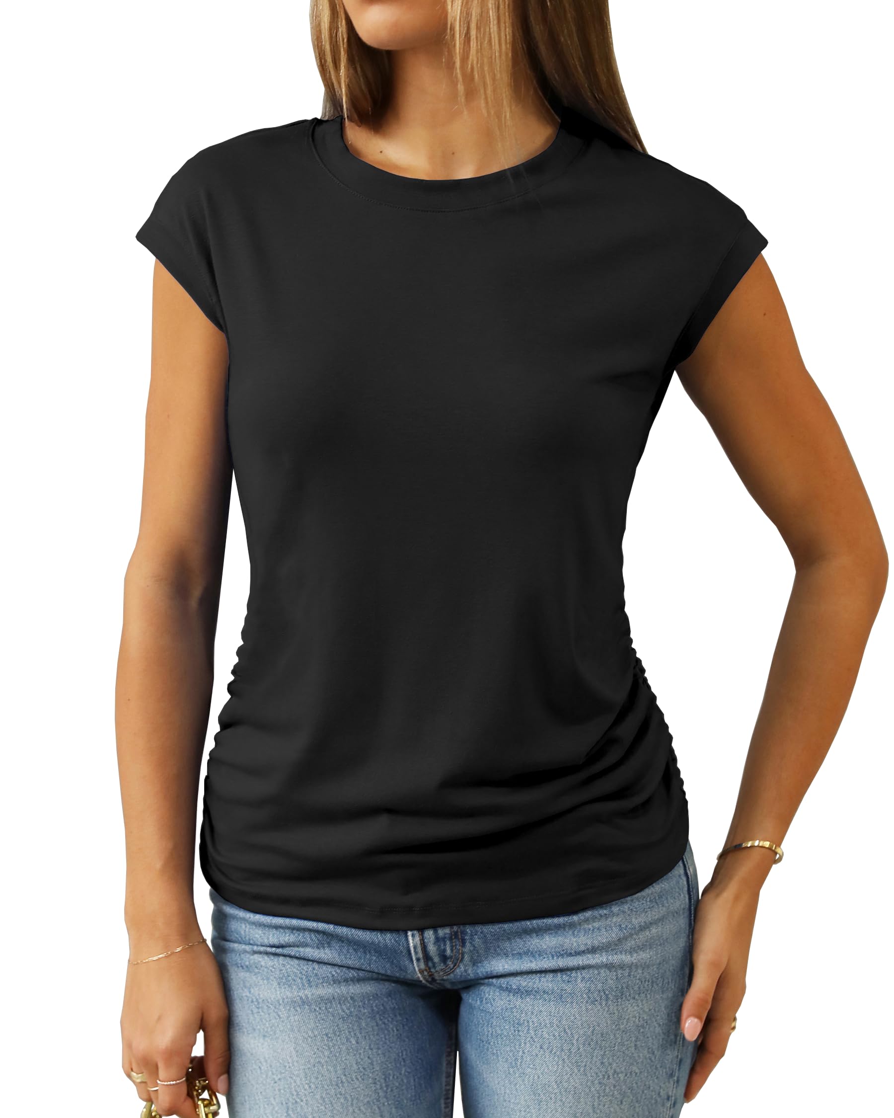 Photo 1 of Abardsion Women's Trendy Going Out Tops 2025 Summer Clothes Elegant Cap Sleeve Crew Neck Loose Fit T Shirts (Black, M)