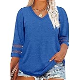 Beautife Womens Plus Size 3/4 Sleeve Tops V Neck Loose Fit Tee Shirts Dressy Casual Eyelet Lace Tunic Blouse