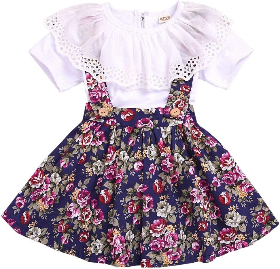 Toddler Kids Baby Girls Floral Skirt Set, Suspender Overall Skirt + Lace Short Sleeve White Top 2PCS