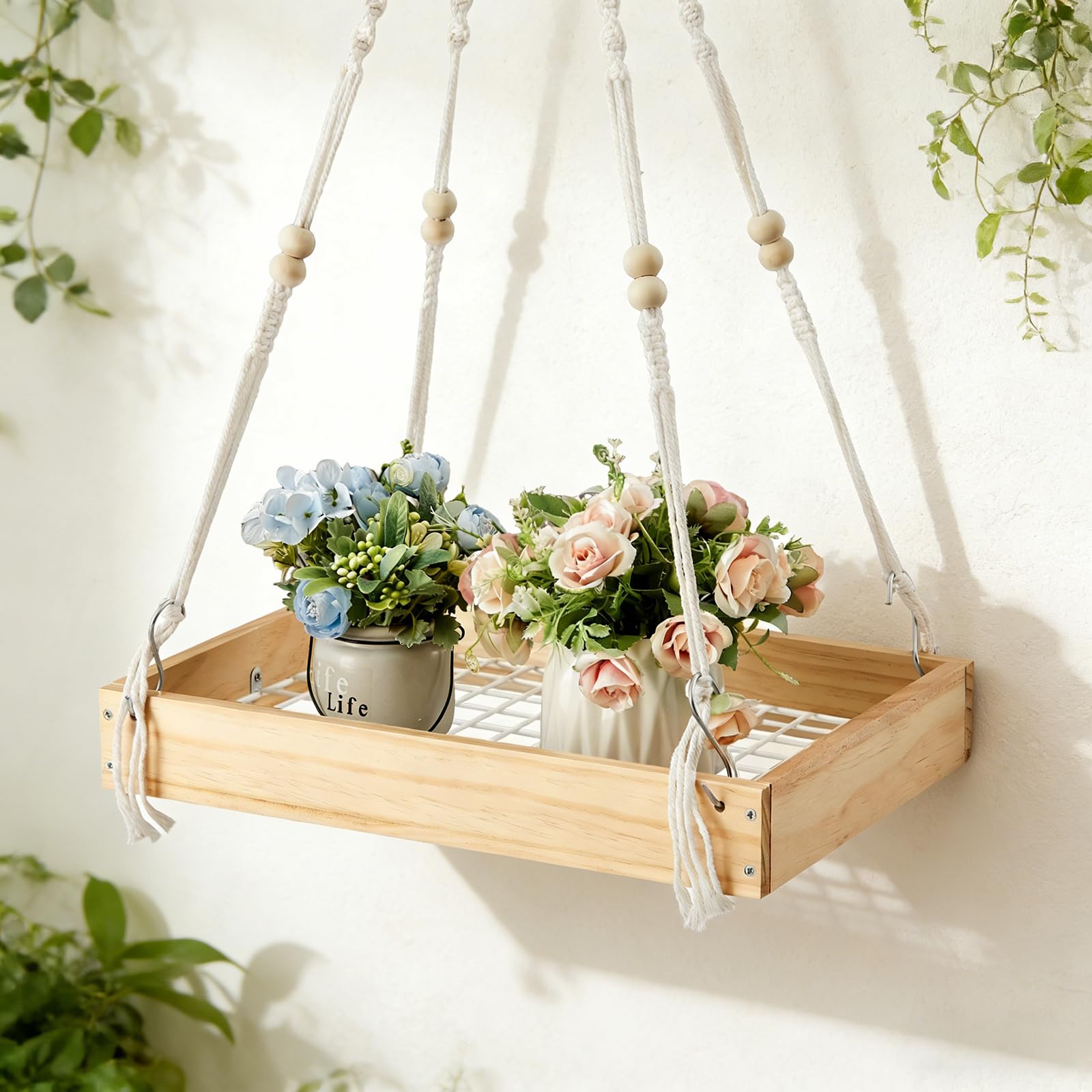 Photo 1 of Novabright 1 Pcs Window Hanging Plant Shelf with Macrame Adjustable Rope, 16" Large Wooden Plant Hanger Indoor with Metal Frame, Load 50lb, Suit for Window Ceiling Wall Mount Boho Decor