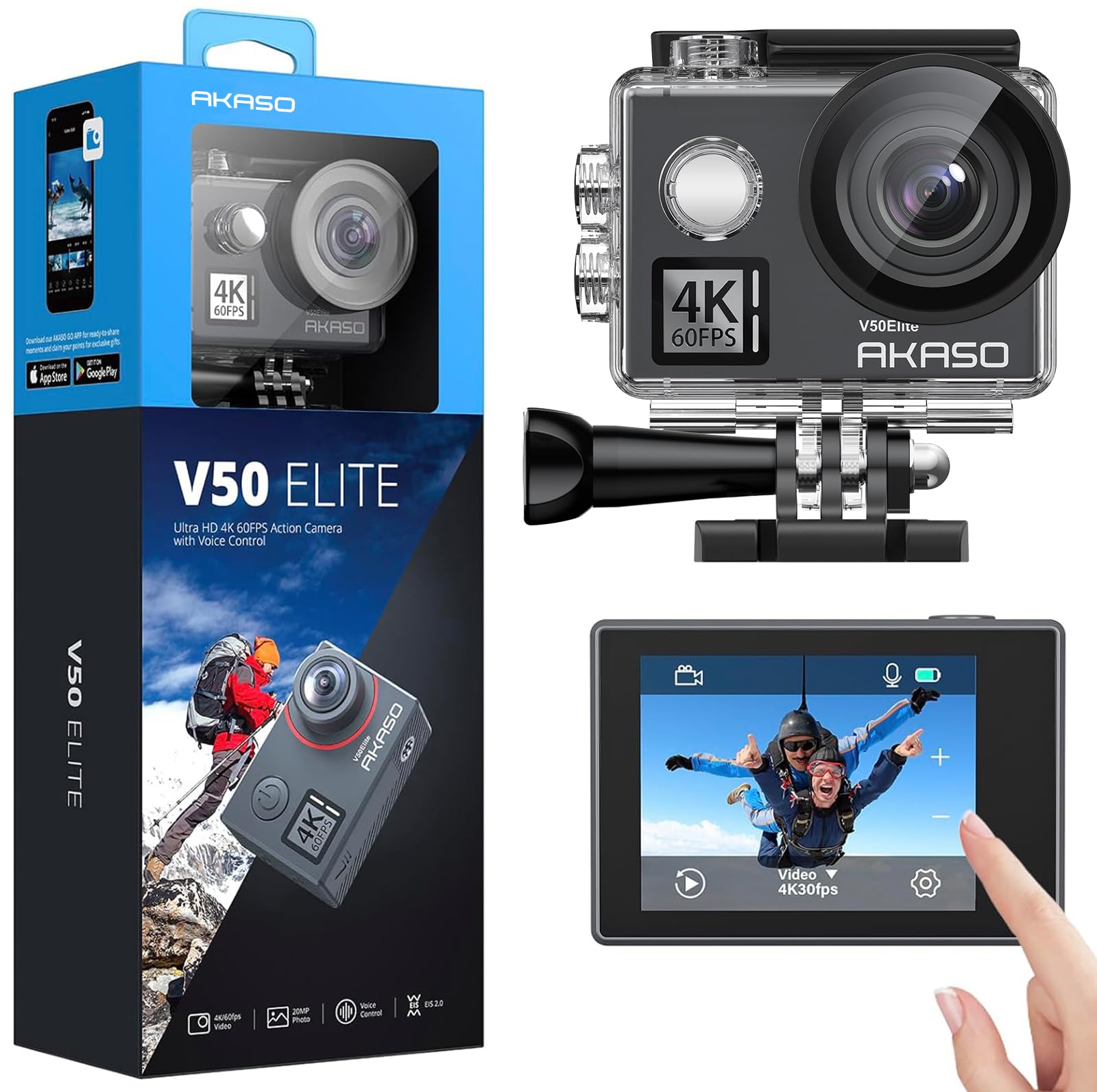 AKASO V50 Elite 4K60fps Pantalla táctil WiFi Cámara de acción Control de voz EIS 131 pies Cámara impermeable Zoom 8X Control remoto