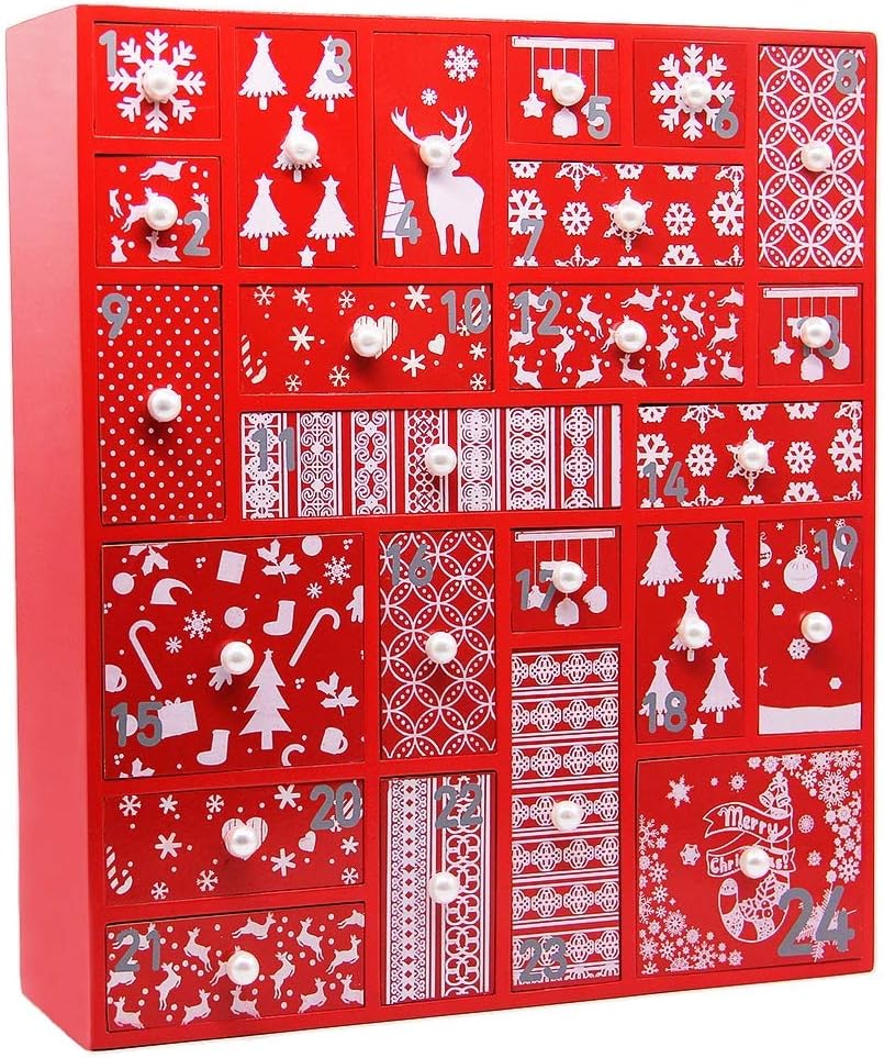 Advent Calendars - Juegoal Red Advent Calendar with 24 Drawers Countdown to Christmas, Refillable Wooden Advent, 15 Inches Tall