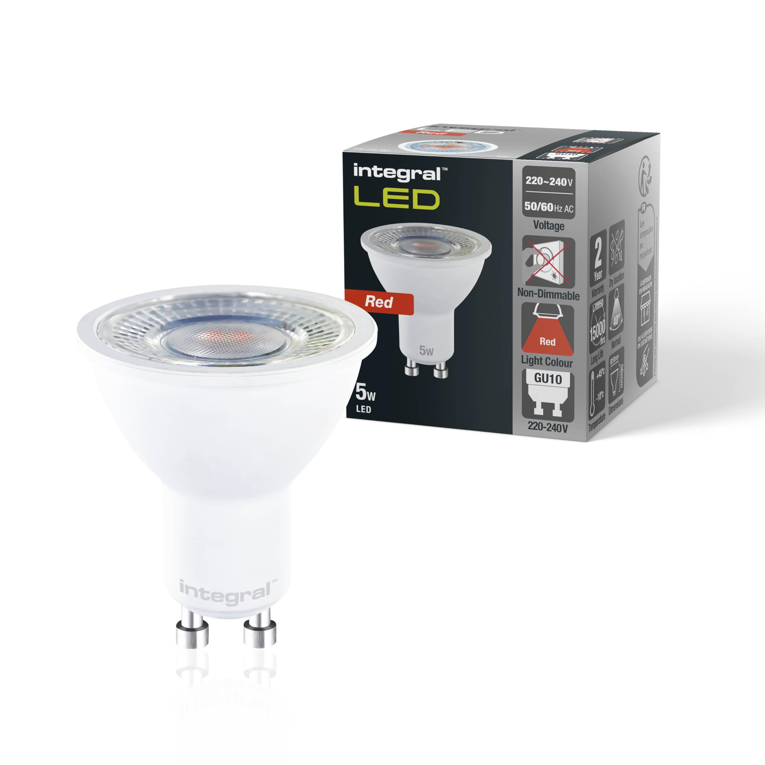 Integral LED 2 - Pack GU10 Red Colour Spotlight Bulb – 5W (50W Equivalent), 40° Beam Angle - Suitable for Displays, Restaurants, Hotels, Gardens, Decoration & Mood Lighting. — image 1