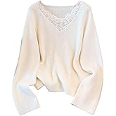 MakeMeChic Women's Plus Size Lace V Neck Sweater Long Sleeve Rib Knit Pullover Tops