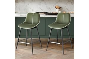 VASAGLE Bar Stools Set of 2, Counter Height Bar Stools with Back, Ergonomic Backrest, Synthetic Leather, Metal Legs, 24.8-Inch Tall Barstools for Kitchen Island Home Bar, Easy Assembly, Forest Green