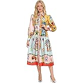 LAI MENG FIVE CATS Women's Floral Print Long Sleeve Flowy Casual Button Up Maxi Dress with Belt