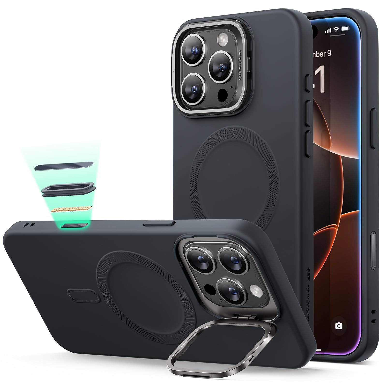 ESR for iPhone 16 Pro Max Case, Silicone Case with Stand, Compatible with MagSafe, Built-In Camera Stash Stand, Cloud Series, Black