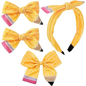 4Pcs Pencil Hair Bow Clips Headband Yellow Bow Hair Back to School Accessories Set for Girl First Day of School Students Outf