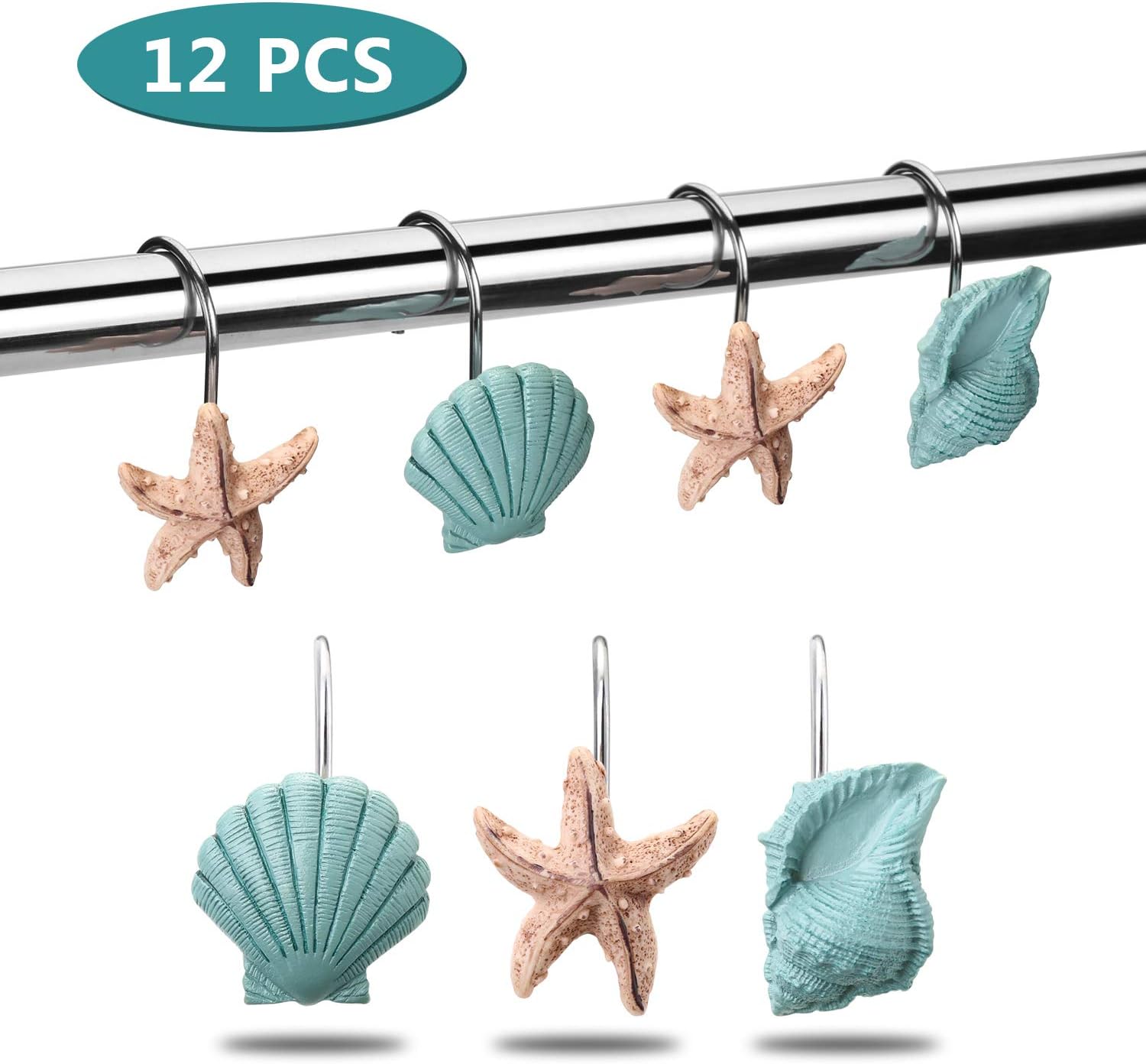 AGPTEK Shower Curtain Hooks, 12PCS Anti Rust Decorative Resin Hooks for Bathroom, Baby Room, Bedroom, Living Room Decor (Blue Seashell): Furniture & Decor