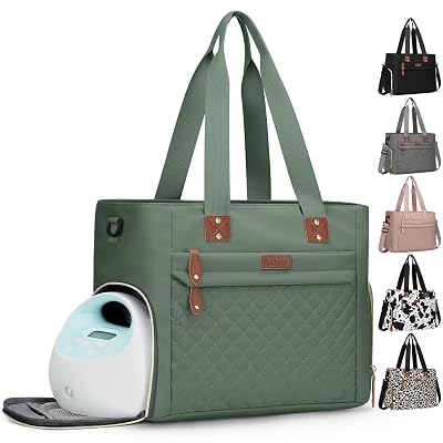 Pritent Diaper Bag Tote for Working Mom, Large Travel Diaper Tote for Mom and Dad with 14 Inch Laptop Sleeve, Mommy Maternity Travel Baby Bag for Boys and Girls, Green