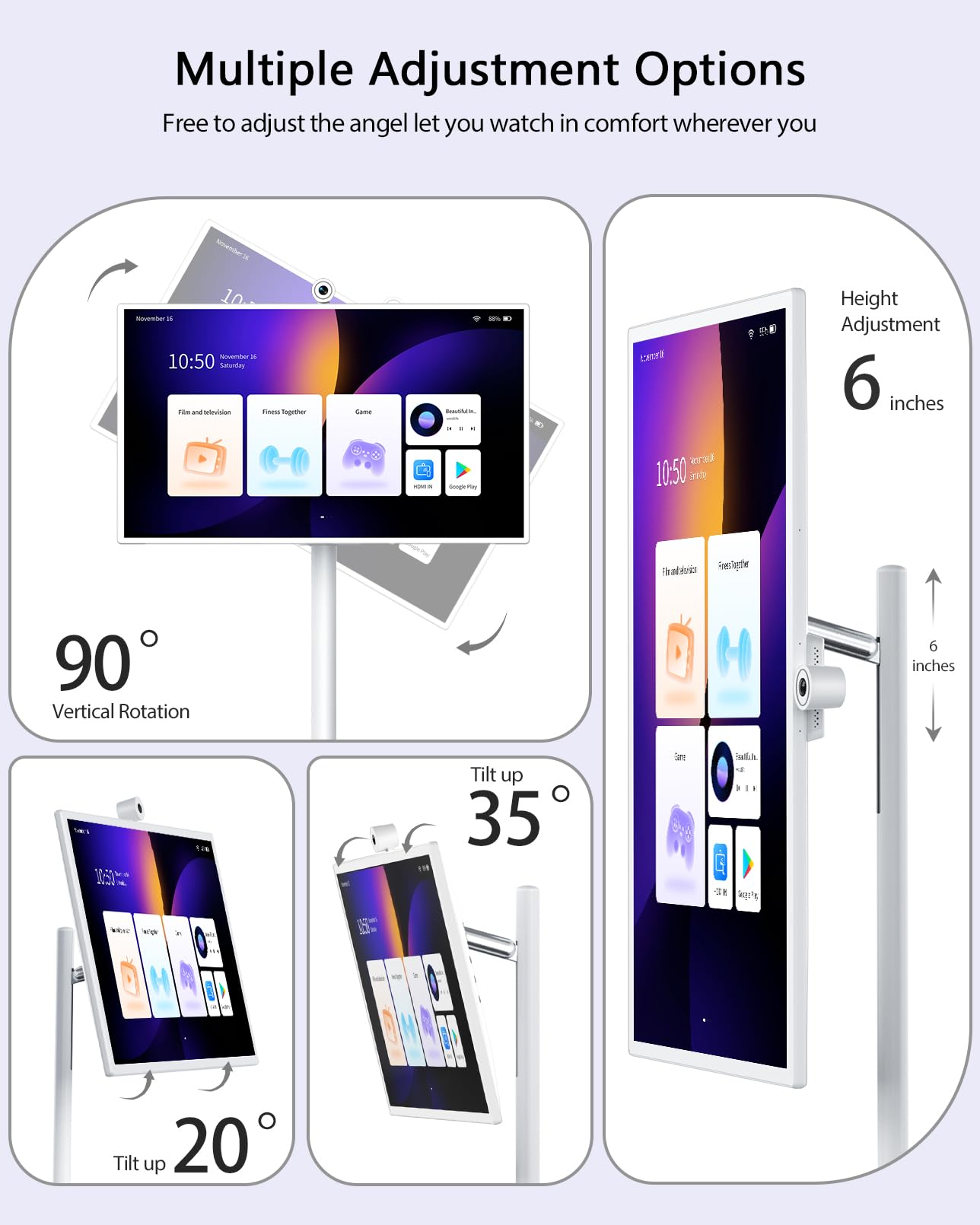 GFF 32-Inch Portable Smart TV on Wheels, Rolling TV with Touch Screen Monitor, 8G RAM +128G Storage, Android 13 OS, Built in Google Assistant, 2K Webcam, Full Swivel Rotation, Remote Control