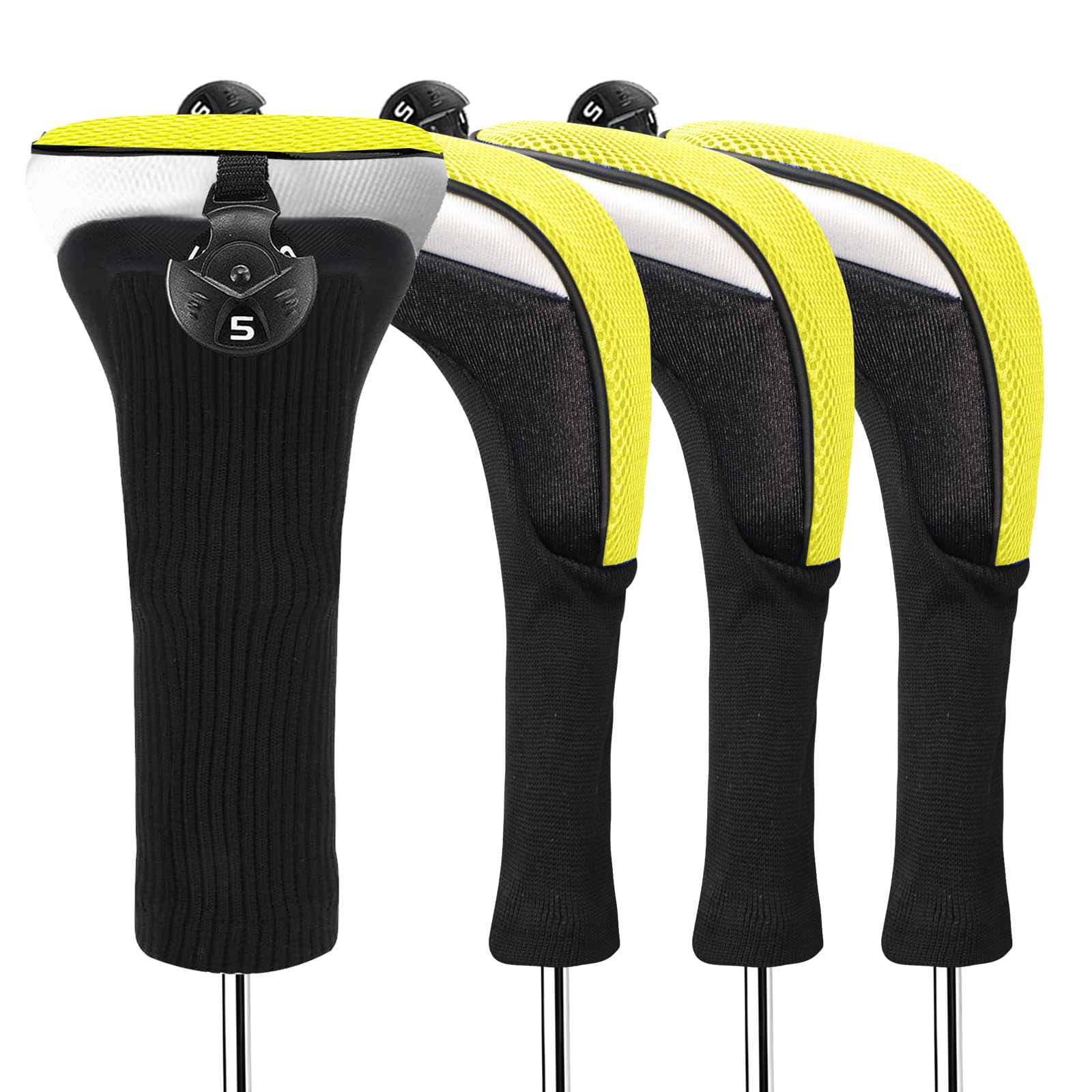 FINGER TEN Golf Club Head Covers Woods Hybrids Long Cover, Headcovers with Interchangeable No. Tags Fit All Hybrids Wood Clubs Light Durable (Yellow-4 Pack Hybrid Covers)