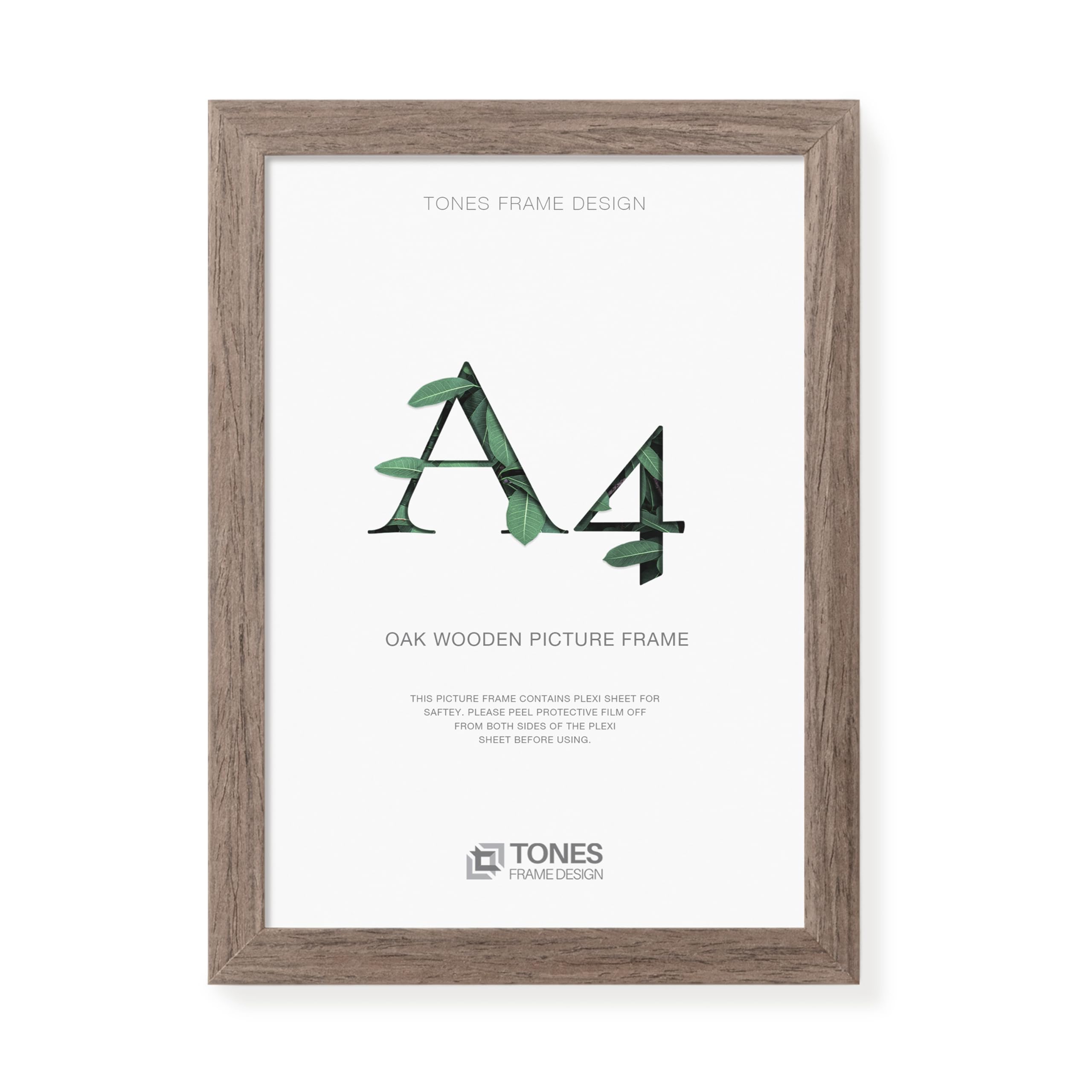 TONES FRAME DESIGN A4 Frame, 21 x 29.7 cm Wooden Picture Photo Frame with Brown Oak Veneer, Shatter-Resistant Plexiglass, Wall Frame for Portrait or Landscape, Certificates, Prints, Photographs