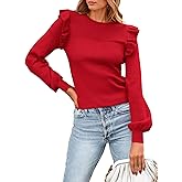 PRETTYGARDEN Women's Ruffle Long Sleeve Sweaters Crew Neck Lightweight Sweater 2026 Fall Trendy Ribbed Knit Pullover Tops
