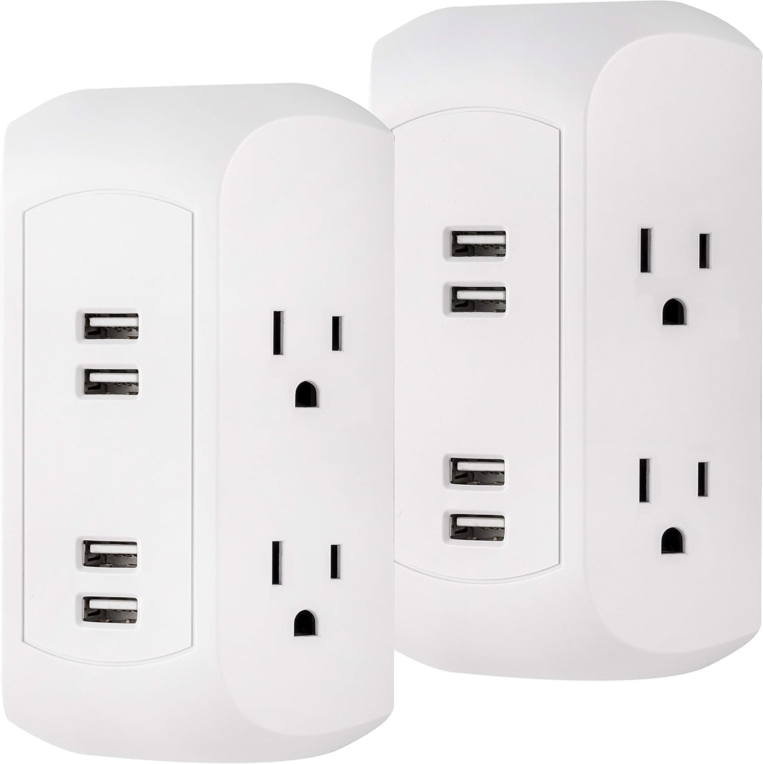 GE 4 Outlet, 4 USB Surge Protector Wall Outlet Power Adapter, 2 Pack, for iPhone 11/Pro/Max/XS/XR/X/8, iPad Pro/Air/Mini, Samsung Galaxy, Google Pixel, White, 50036