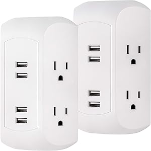 GE 4 Outlet, 4 USB Surge Protector Wall Outlet Power Adapter, 2 Pack, for iPhone 11/Pro/Max/XS/XR/X/8, iPad Pro/Air/Mini, Samsung Galaxy, Google Pixel, White, 50036