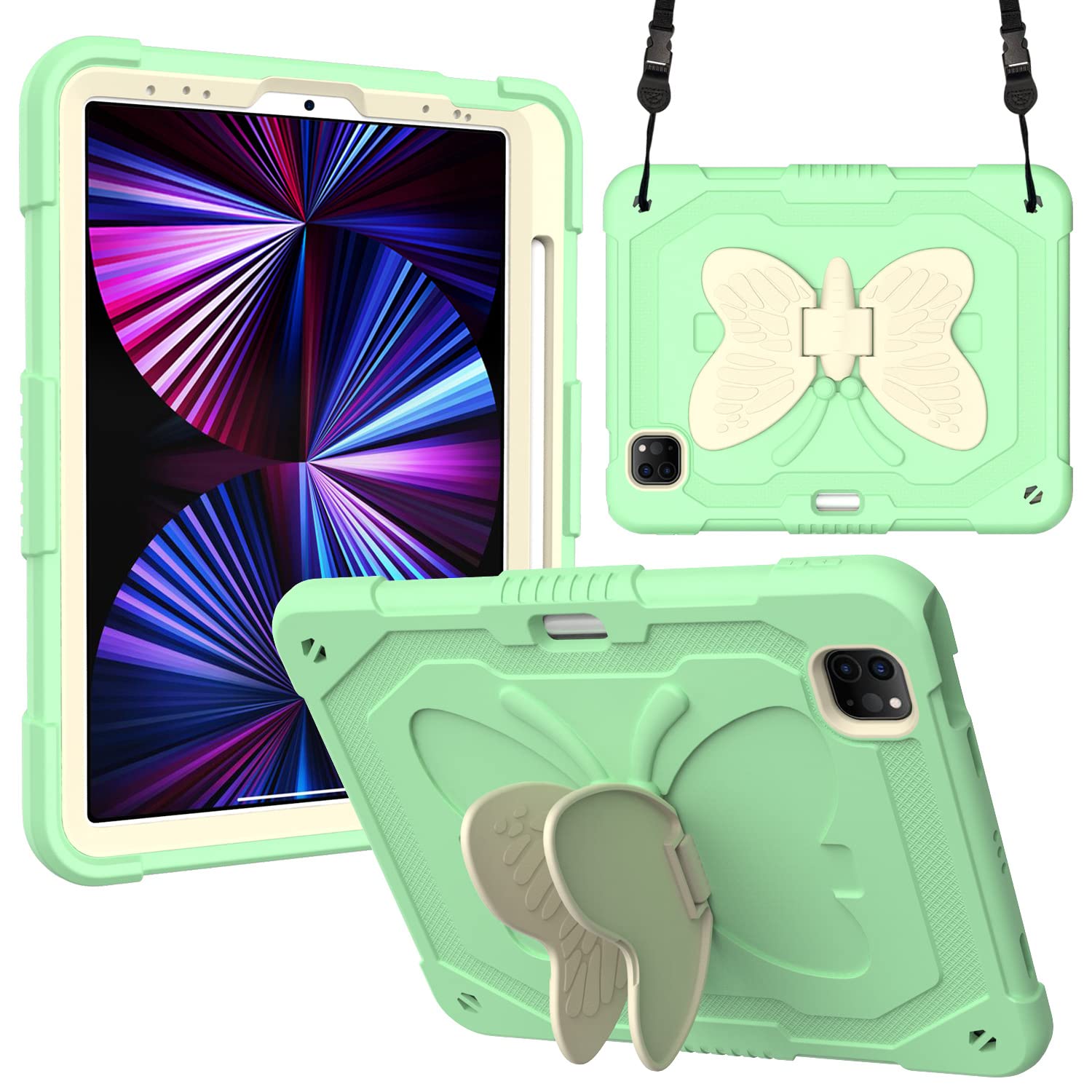 Compatible with iPad 8th 10.2 (2020), 3D Heavy Duty Hard Rugged Protective Case Cartoon Cute Butterfly Wings Stand Shockproof Silicone Case with Stand for Children (Rice Green)