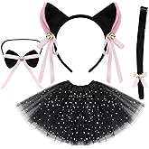 Cat Ears Headband, Tail, Tutu, Bow Tie, Bell Cat Costume Accessories Set of 4 (White/Black/Pink)