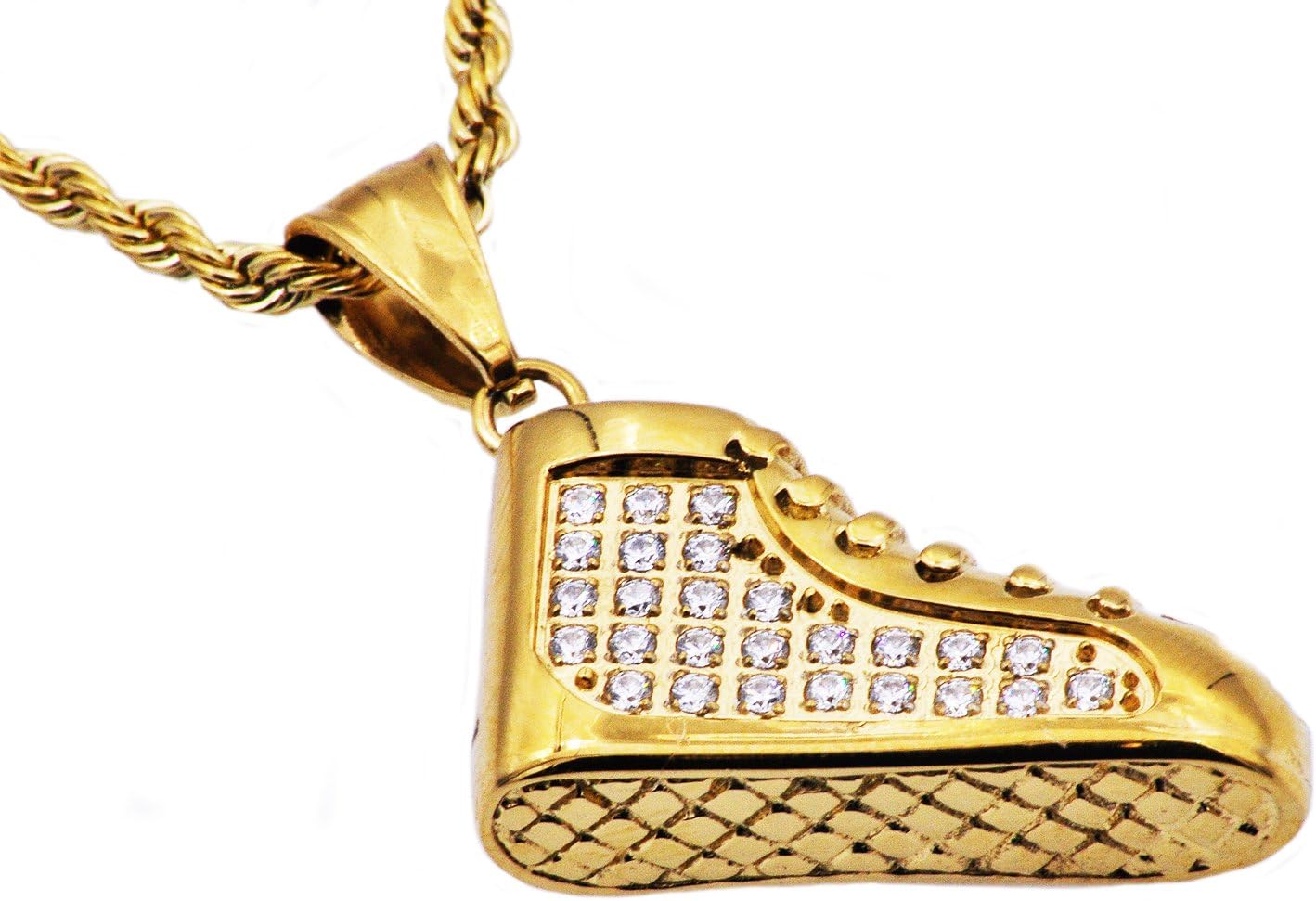 Blackjack Jewelry Men's Stainless Steel CZ Encrusted Sneaker Pendant with 24" Rope Chain Necklace